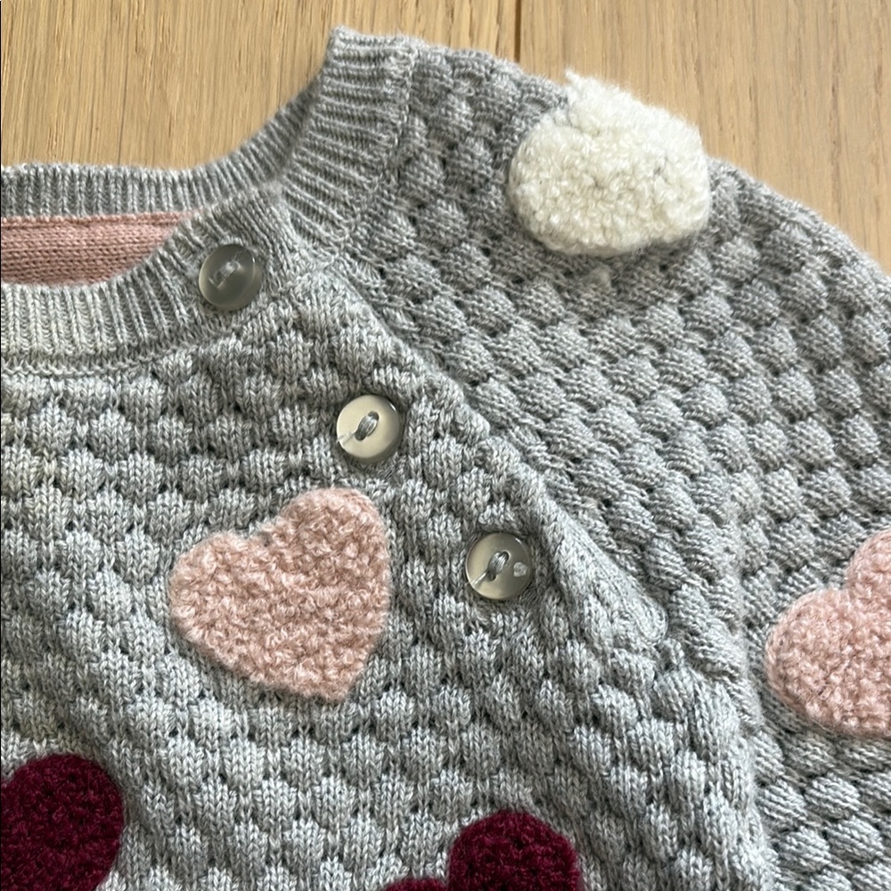 2/$15 H&M Baby Girl Grey and Pink Hearts Knit Sweater - Picture 3 of 7